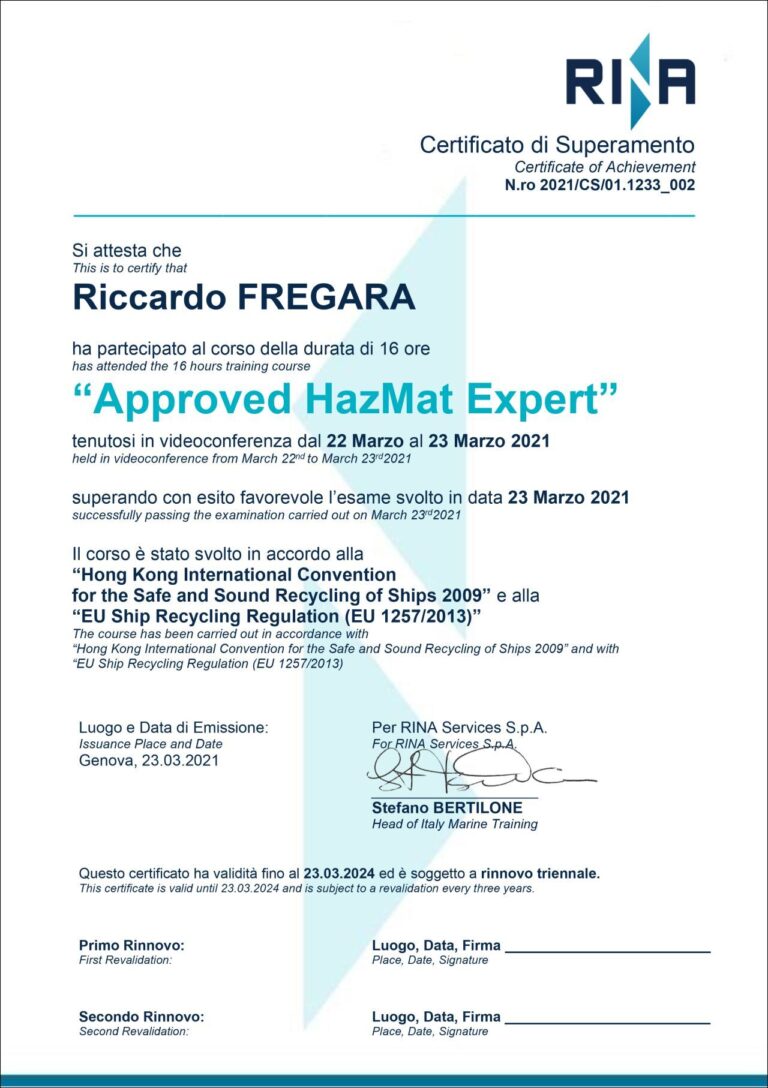 Certificato RINA Hazmat redazione manuali